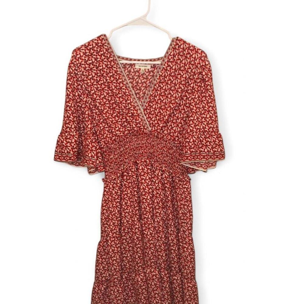 Max Studio Women's Crepe Surplice Neck Ruffled Dress, vibrant red/white, size L